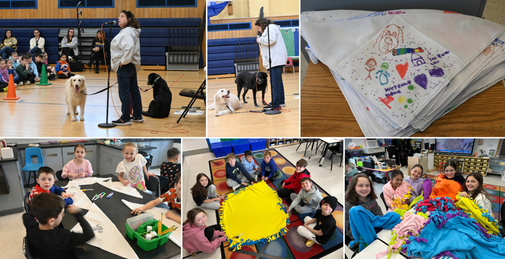 collage of photos of kids creating bandanas and blankets for animals